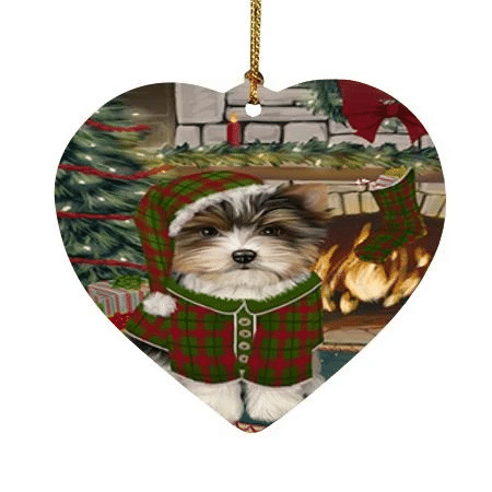 Green And Red Pattern Gift Biewer Terrier Dog Heart Ornament