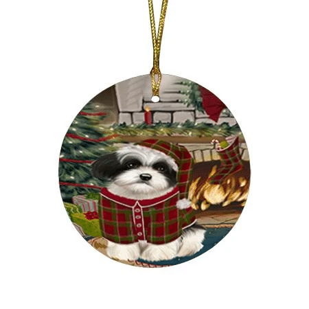 Cute Havanese Dog Round Flat Ornament Green And Red Pattern