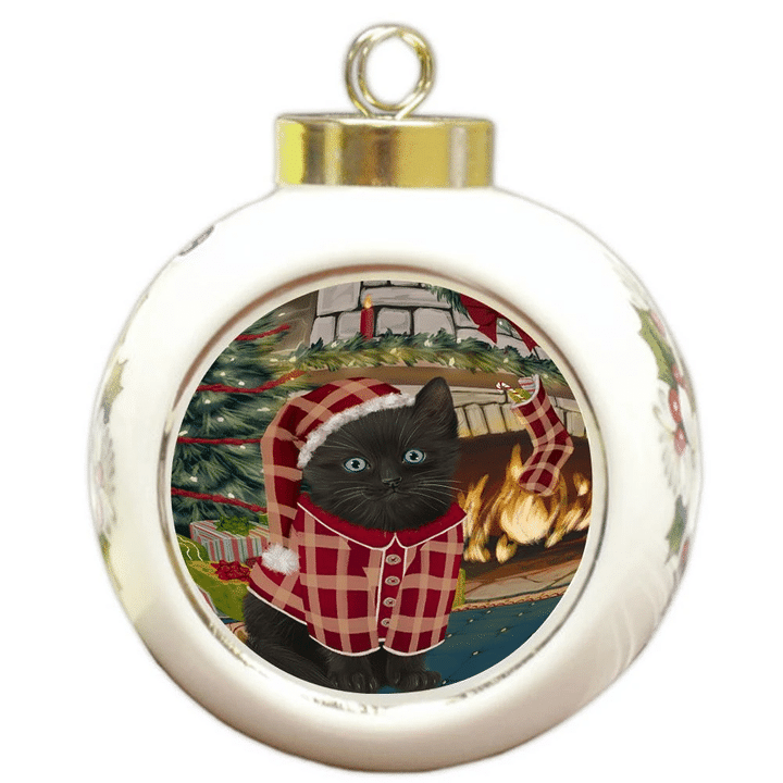 Red Pattern The Stocking Was Hung Black Cat Round Ball Ornament