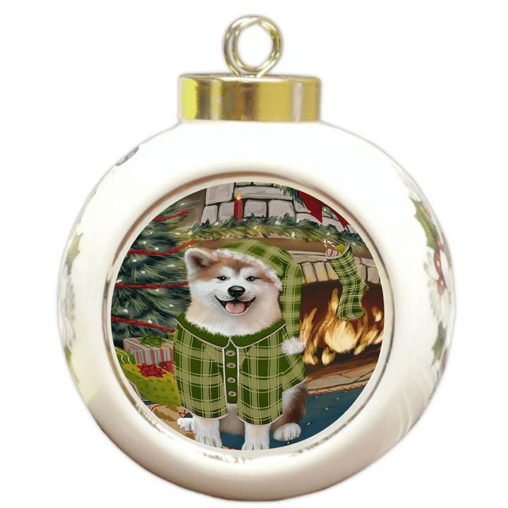 Green Pattern The Stocking Was Hung Akita Dog Round Ball Ornament