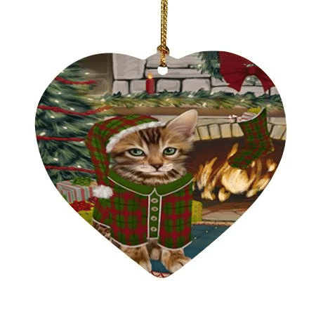 Vibrant Red Green Theme Heart Ornament Night Bengal Cat