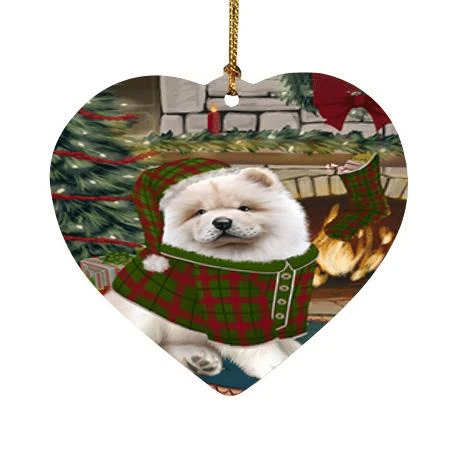 Green And Red Pattern The Stocking Was Hung Chow Chow Dog Heart Ornament