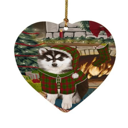 Red And Green The Stocking Was Hung Siberian Husky Dog Heart Ornament
