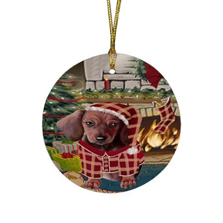 Red Pattern The Stocking Was Hung Dachshund Dog Round Flat Ornament