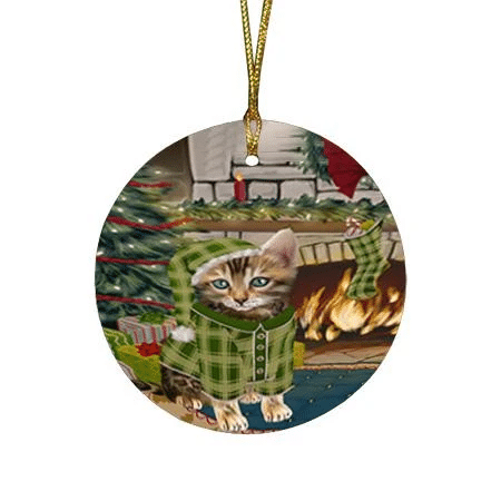 Green Pattern The Stocking Was Hung Bengal Cat Round Flat Ornament