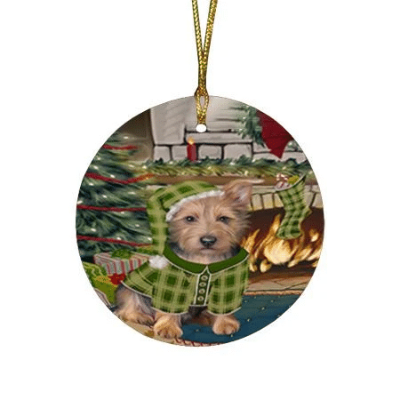 Sad Australian Terrier Brown Dog With Gift And Tree Ornament