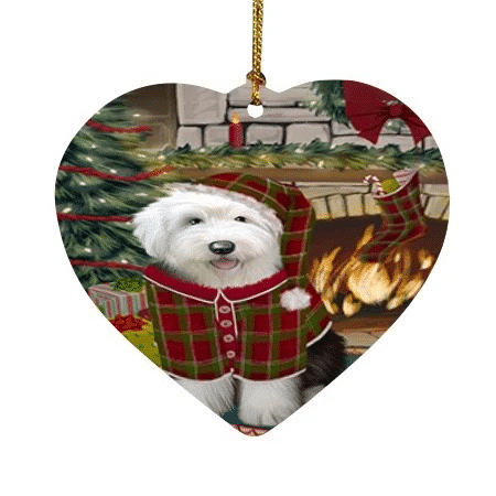 Beautiful Old English Sheepdog Heart Ornament Green And Red Pattern