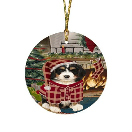 Red Pattern The Stocking Was Hung Bernedoodle Dog Round Flat Ornament