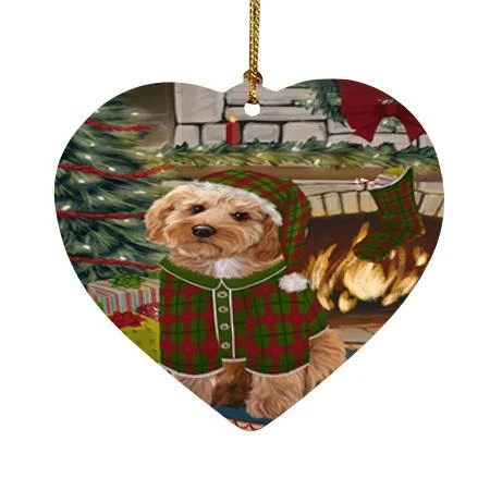 Marvellous Red Green Theme Heart Ornament Night Cockapoo Dog