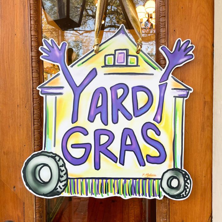 Yardi Gras Purple Text Wooden Custom Door Sign Home Decor