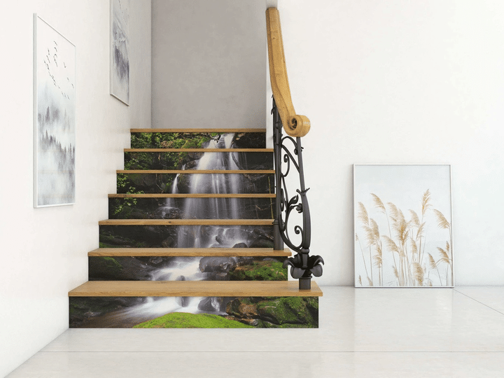 Spectacular Waterfall Rocks Nature Green Stair Stickers Stair Decals Home Decor