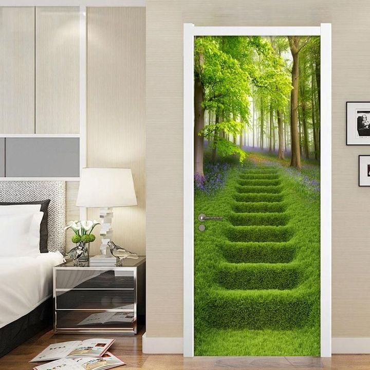 Beautiful Forest Green Grass Stairs Door Cover Sticker Home Decor