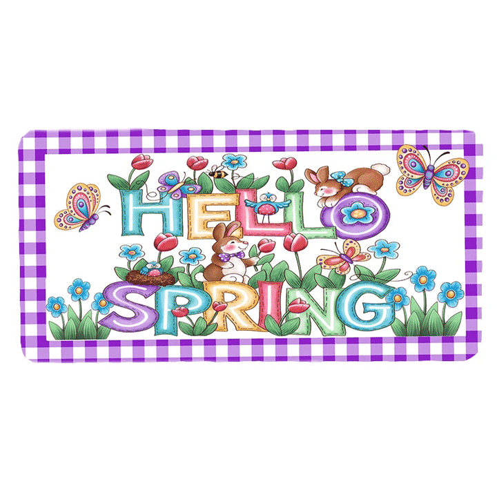 Lovely Wooden Rectangle Door Sign Home Decor Hello Spring Plaid