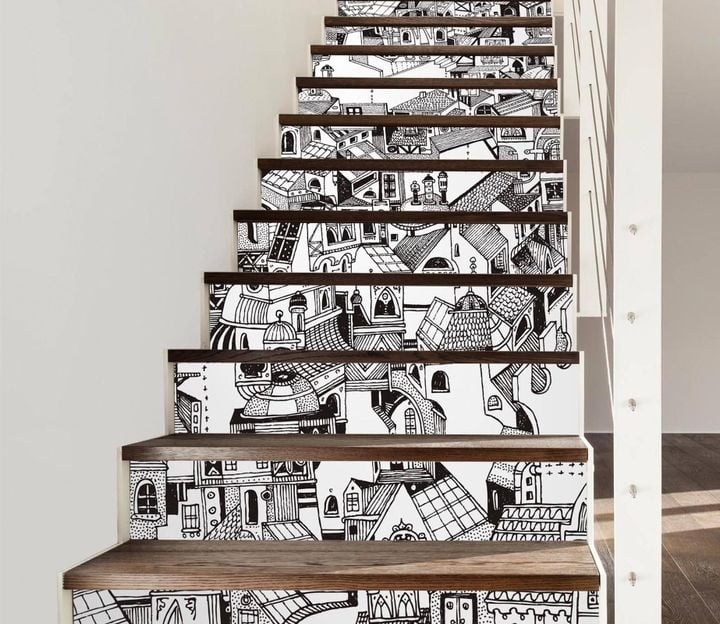Black And White Little Town Stair Stickers Stair Decals Home Decor