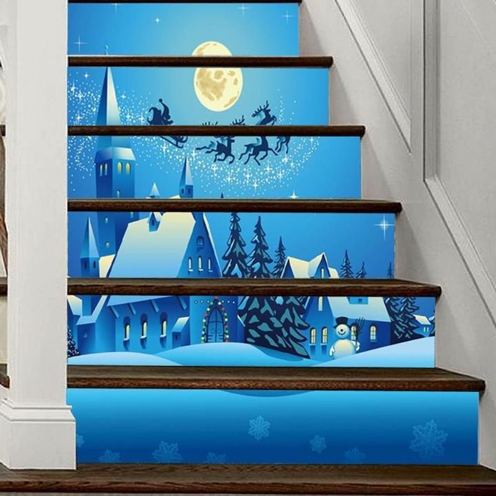 Christmas Santa And Deer Fly Pattern Stair Stickers Stair Decals Home Decor