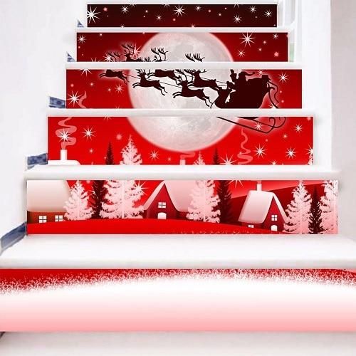 Christmas Deer Santa On Sky Pattern Stair Stickers Stair Decals Home Decor