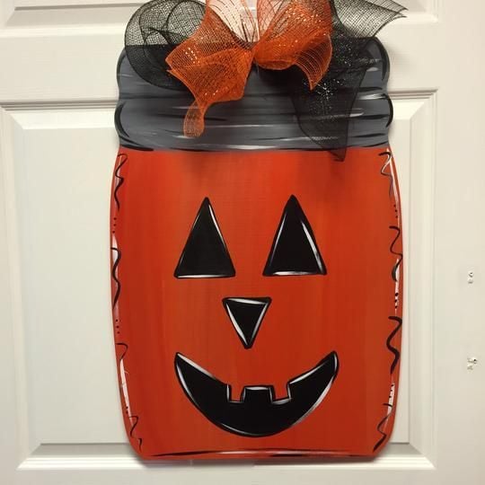 Red Pattern Pumpkin Mason Jar Painted Wooden Custom Door Sign Home Decor With Bow