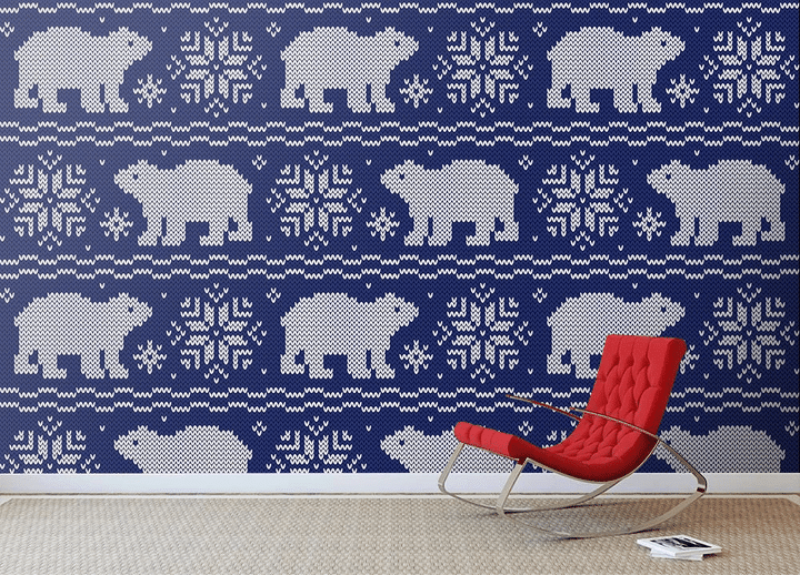Polar Bears And Snowflakes Ornate Knitting Style Dark Blue Pattern Wallpaper Wall Mural Home Decor