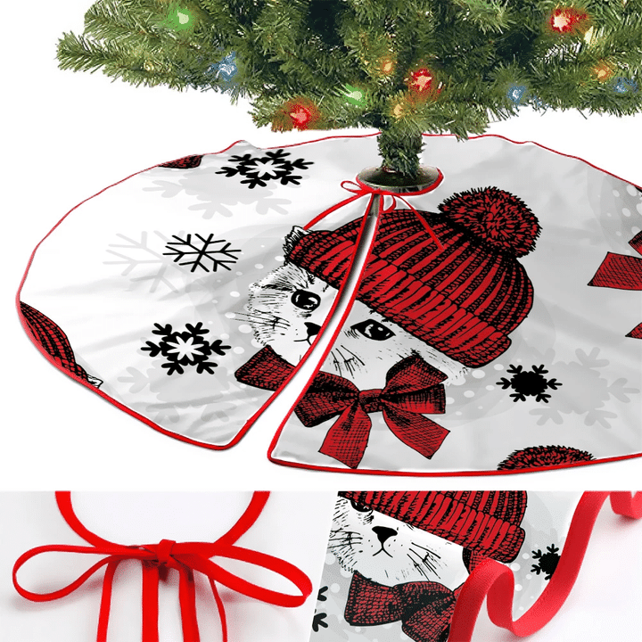 Cat In A Red Cap And Scarf Winter Snowflake Christmas Tree Skirt Home Decor