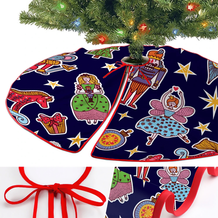 Dark Blue Theme With Cute Nutcracker Ballet Dancer Mouse King Stickers Christmas Tree Skirt Home Decor