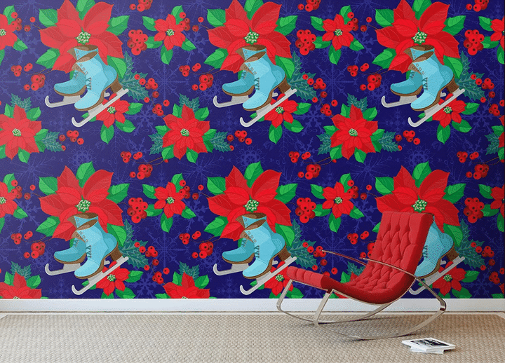 Christmas Poinsettia And Skates On A Blue Background With Snowflakes Wallpaper Wall Mural Home Decor