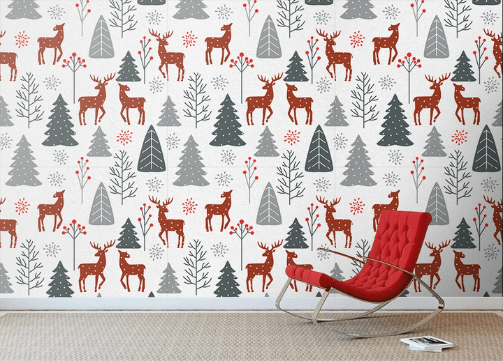 Christmas Trees Red Deers And Snowflakes Wallpaper Wall Mural Home Decor