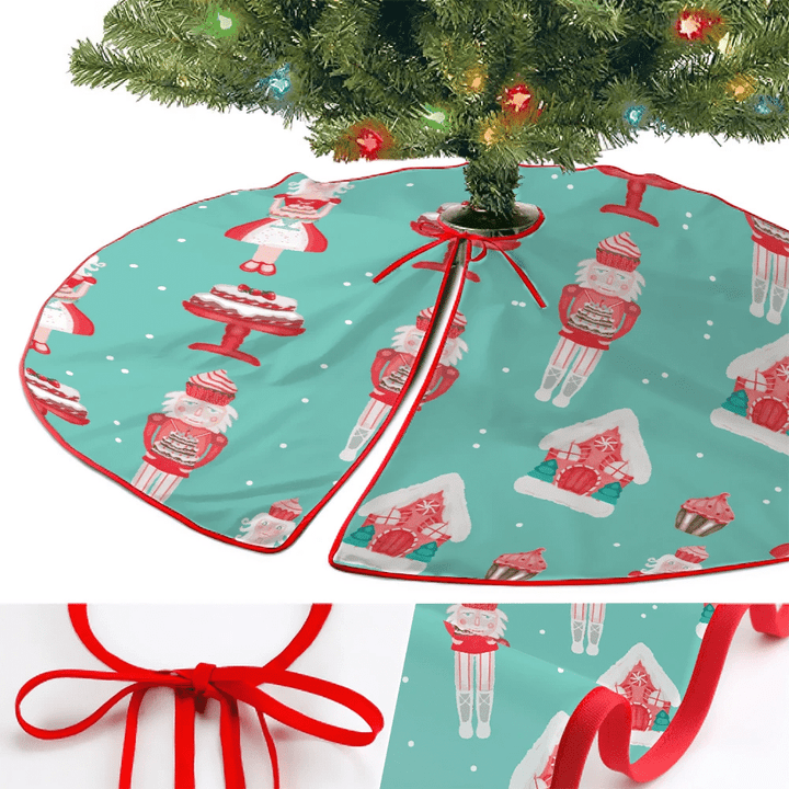 Sweet Desserts Red Cakes With Nutcrackers Illustration Christmas Tree Skirt Home Decor