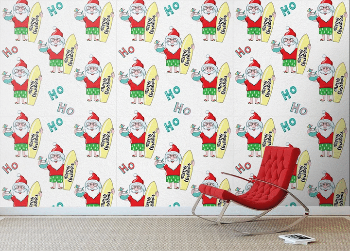 Happy Santa Claus Holds Cocktail And Surfboard Merry Christmas Wallpaper Wall Mural Home Decor