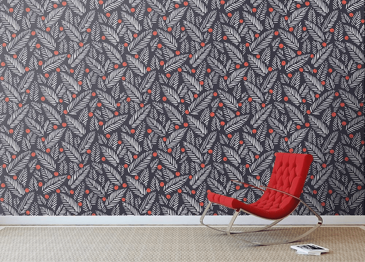 Simple Hand Drawn White Fir And Red Berries Pattern Wallpaper Wall Mural Home Decor