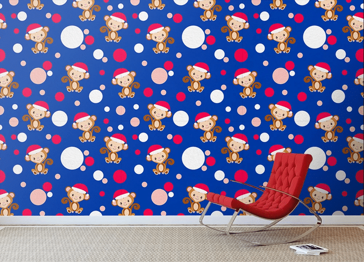 Baby Monkey In Red Christmas Hat Wallpaper Wall Mural Home Decor