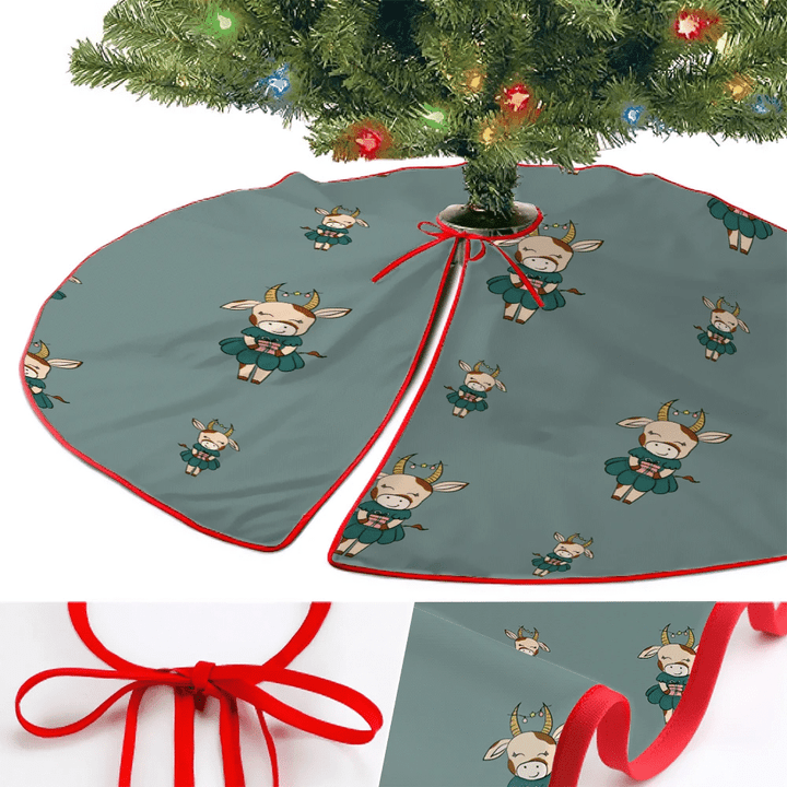 Cute Cow In A Green Dress With A Gift Christmas Tree Skirt Home Decor