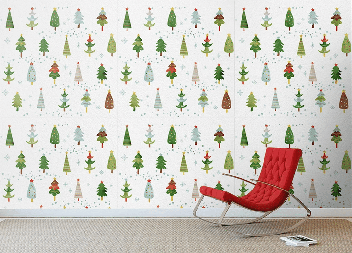 Colorful Cute Christmas Trees And White Snowflakes Wallpaper Wall Mural Home Decor