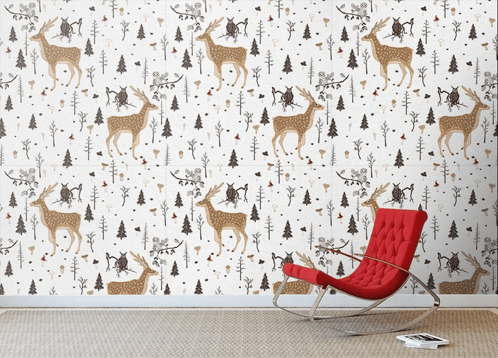 Christmas Forest Deer And Mushrooms On White Wallpaper Wall Mural Home Decor