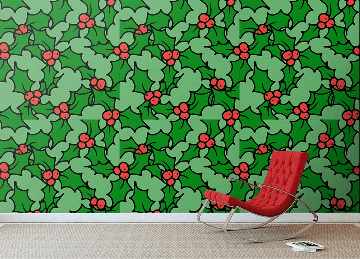Thick Outline Doodle Stryle Green Holly Leaves And Red Berries Wallpaper Wall Mural Home Decor