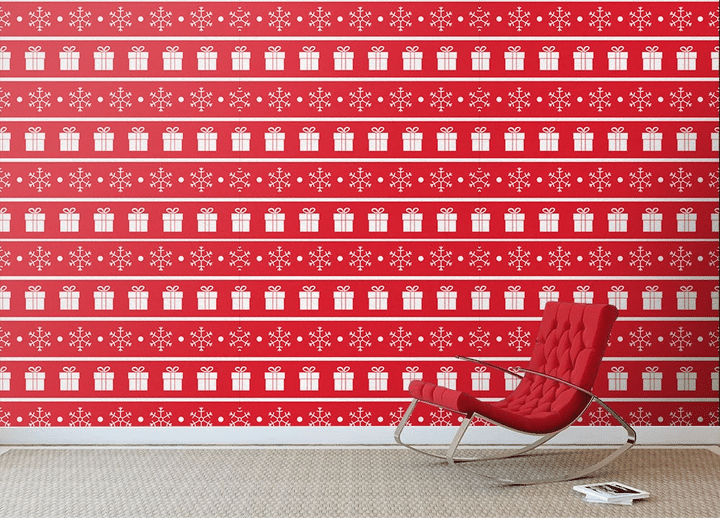 Red White Horizontal Pattern With Gift Box And Snowflake Wallpaper Wall Mural Home Decor