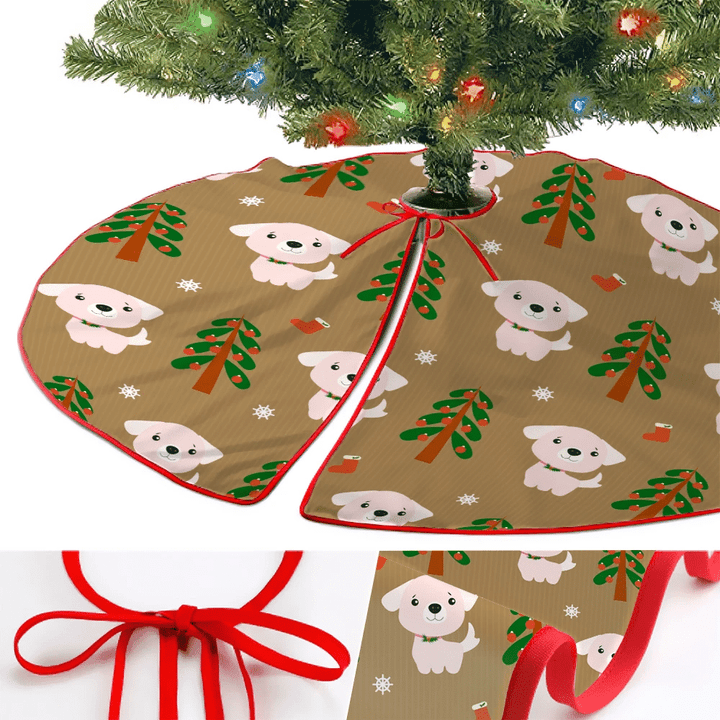 Cute Dog And Christmas Tree On Brown Background Christmas Tree Skirt Home Decor