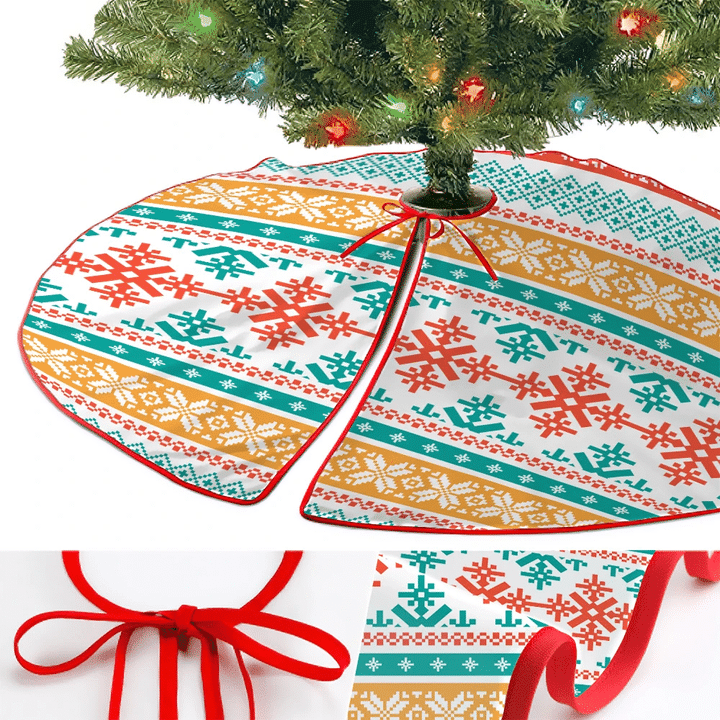 Colorful Traditional Border Knitted Style Snowflakes Christmas Tree Skirt Home Decor