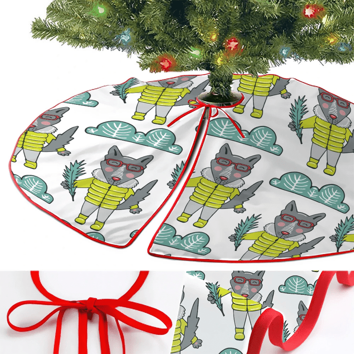 Christmas With Cute Wolfs And Natural Elements Christmas Tree Skirt Home Decor