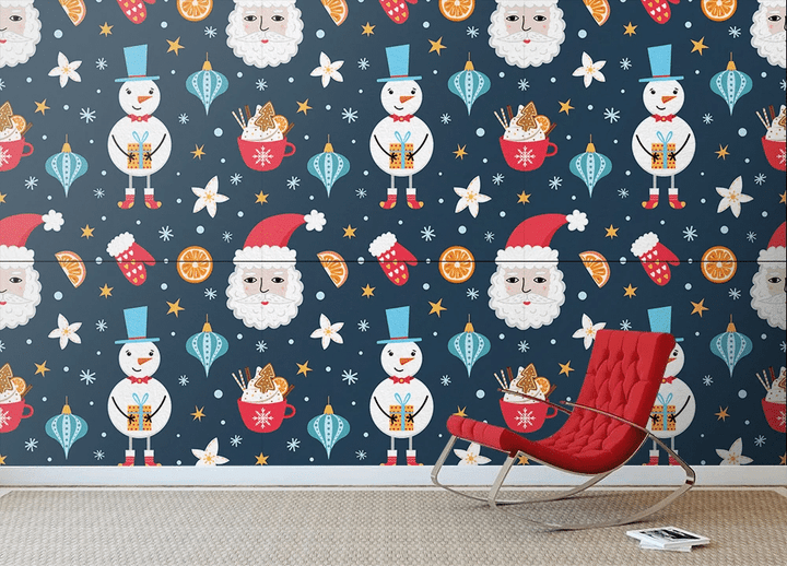 Santa Claus Face Christmas Snowman Hot Chocolate And Toys Wallpaper Wall Mural Home Decor