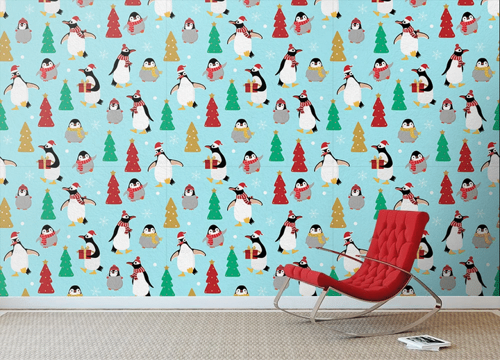 Christmas Winter Little Penguins In Winter Costume Wallpaper Wall Mural Home Decor