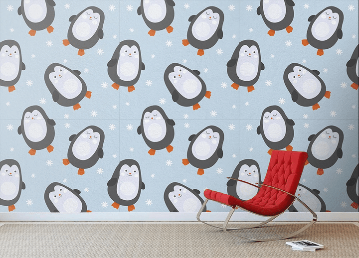 Christmas Grey Penguins With Falling Snowflakes Wallpaper Wall Mural Home Decor