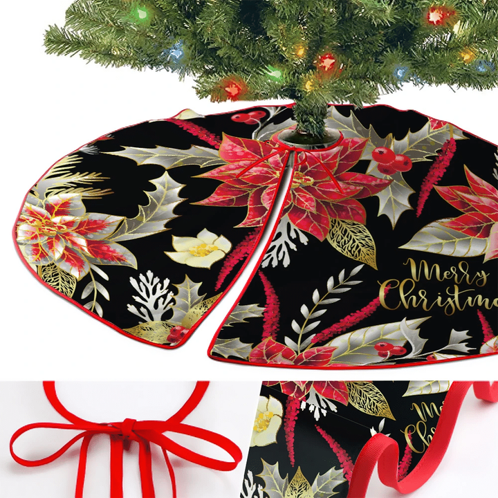 Merry Christmas Red Poinsettia Flower And Berries Christmas Tree Skirt Home Decor