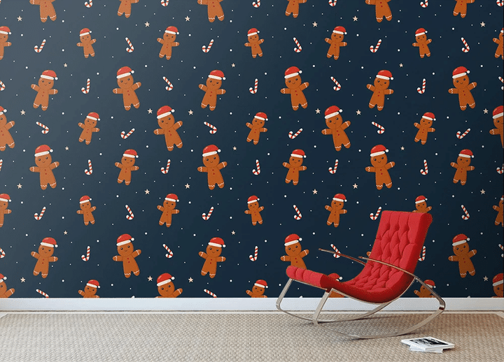 Gingerbread Man Santa Hat With Candy Cane On Blue Background Wallpaper Wall Mural Home Decor