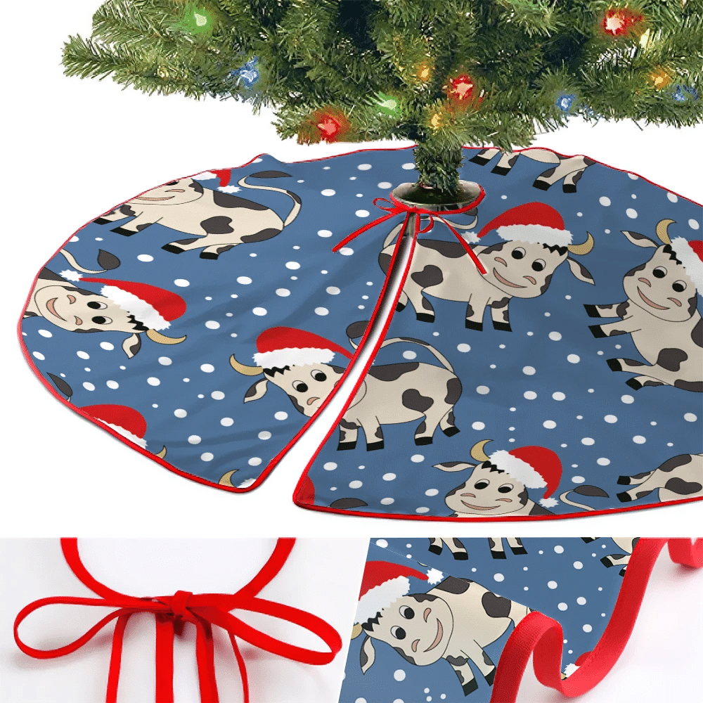 Christmas Cute Cow Baby In Santa Claus Hat And Snow Christmas Tree Skirt Home Decor