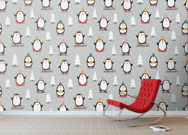 Christmas Winter Little Penguins And White Tree Wallpaper Wall Mural Home Decor