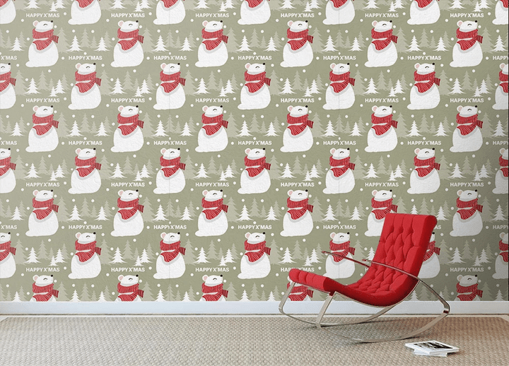 Christmas And New Year Cute Polar Bear In Red Scarf Wallpaper Wall Mural Home Decor
