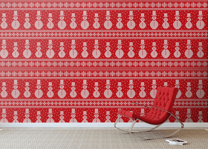 Christmas Snowflake And Snowman On Red Background Wallpaper Wall Mural Home Decor