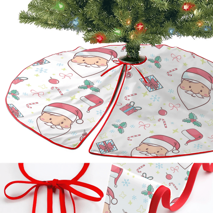 Cartoon Santa Claus Face With Gift Boxes Candy Canes Pattern Christmas Tree Skirt Home Decor