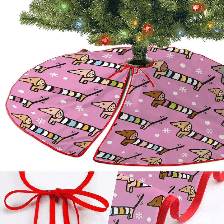 Xmas Cute Dachshund Puppy In Pink Snow Christmas Tree Skirt Home Decor