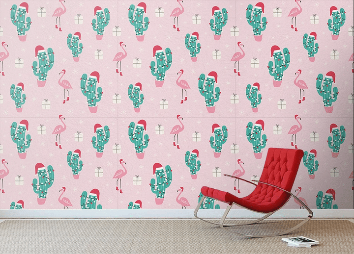 Christmas Cactuses With Flamingos And Presents Wallpaper Wall Mural Home Decor